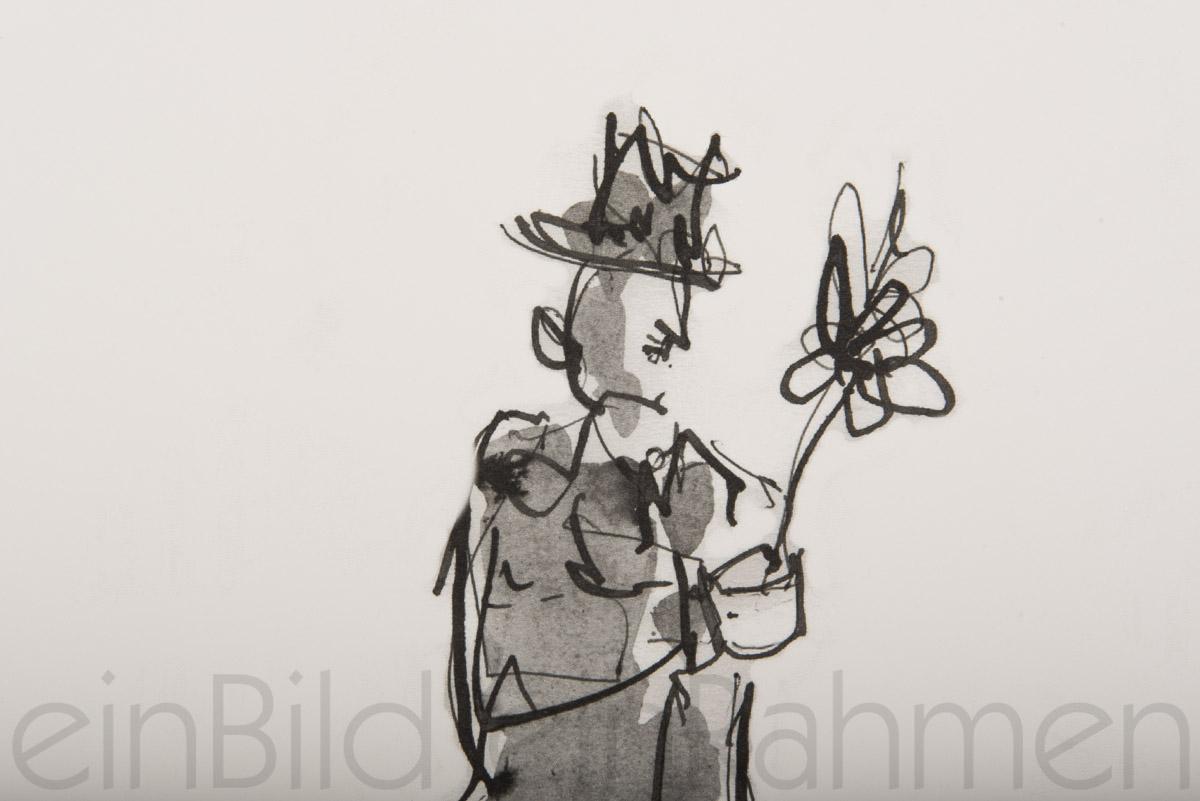 Ein Rosenkavalier verschenkt eine Blume als Lithographie auf Büttenpapier von Armin Müller-Stahl